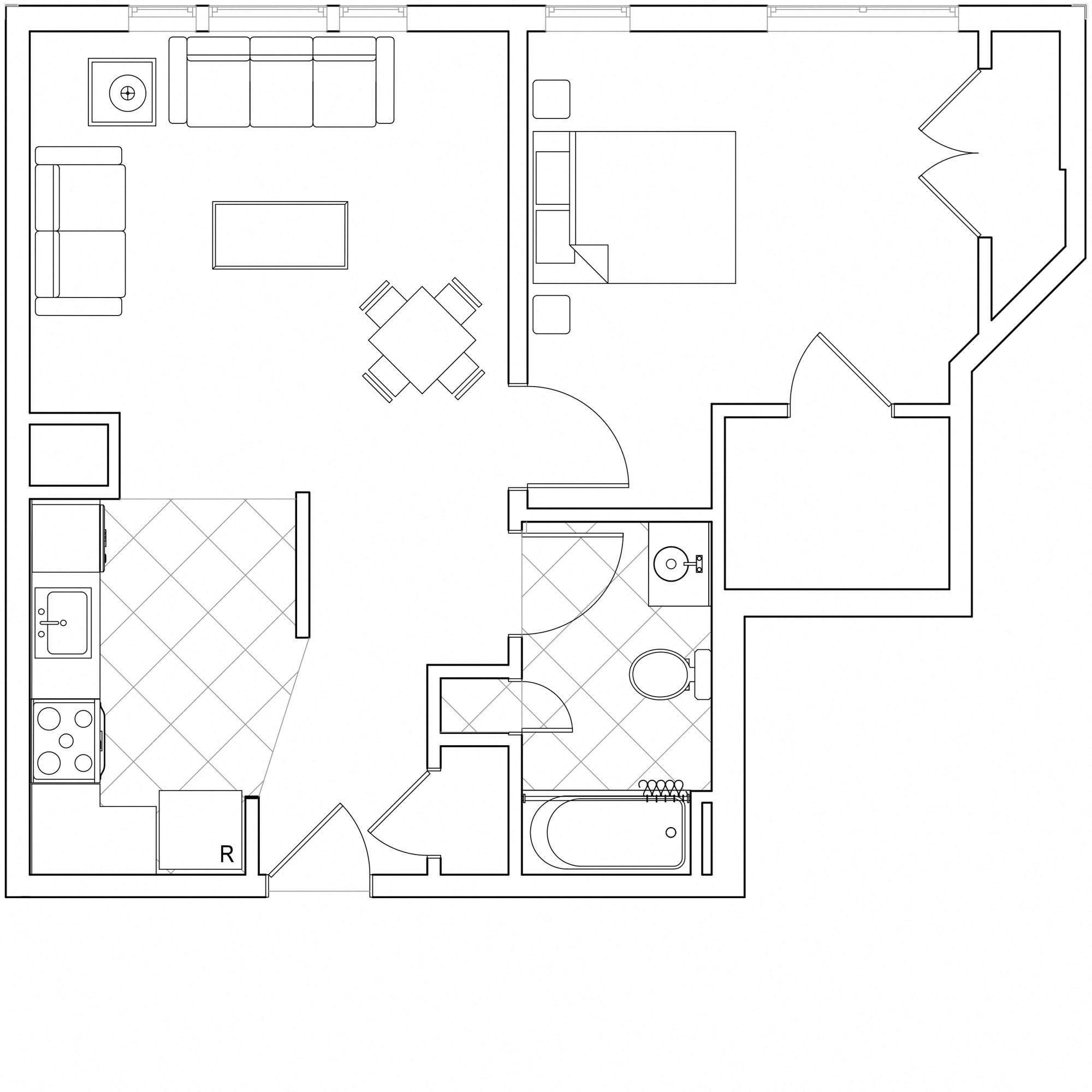 One Bedroom Type L Enter by kitchen into living space. Bath and bedroom (with large closets) are to the right.